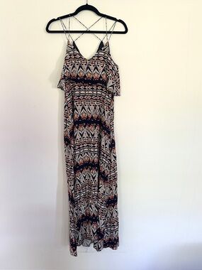 Geometric pattern boho maxi dress with cross straps, size S